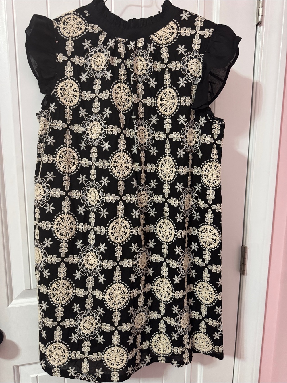 Black Mini Dress with Cream Crochet Embroidery